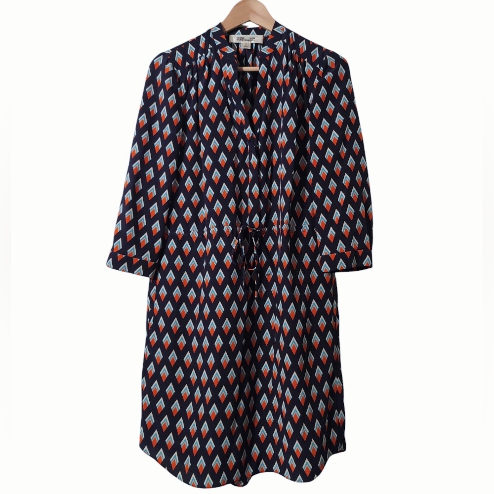 Diane Von Furstenberg 100% Silk Geometric Print Drawstring Knee Length Dress 2